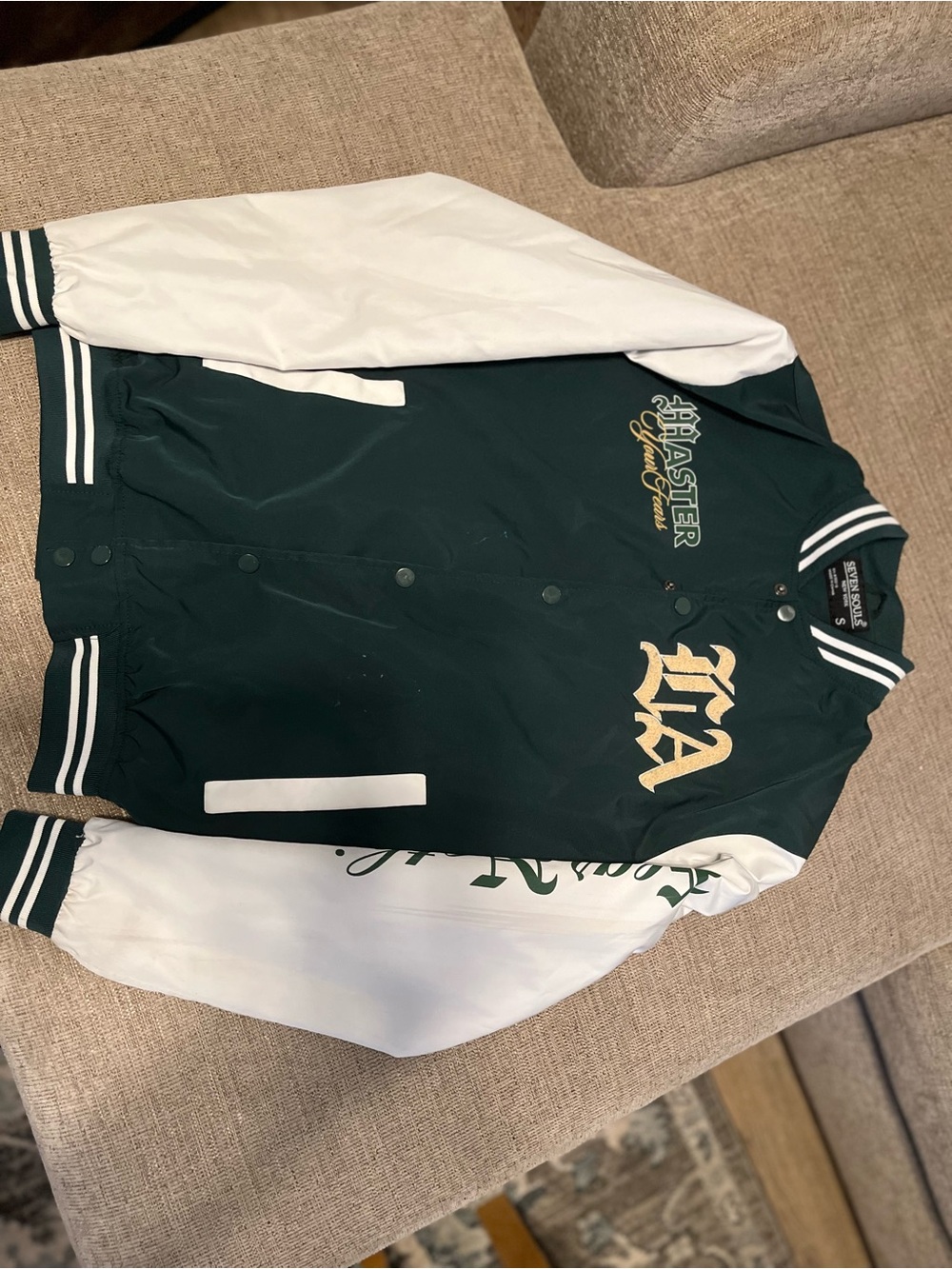 Varsity-Style Green and White Bomber Jacket